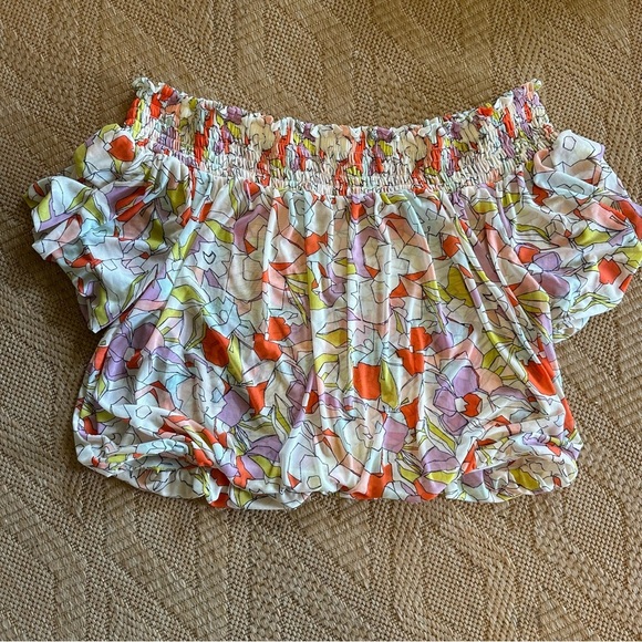Free people large smocked short sleeve crop top floral geometric boho balloon - Picture 1 of 9